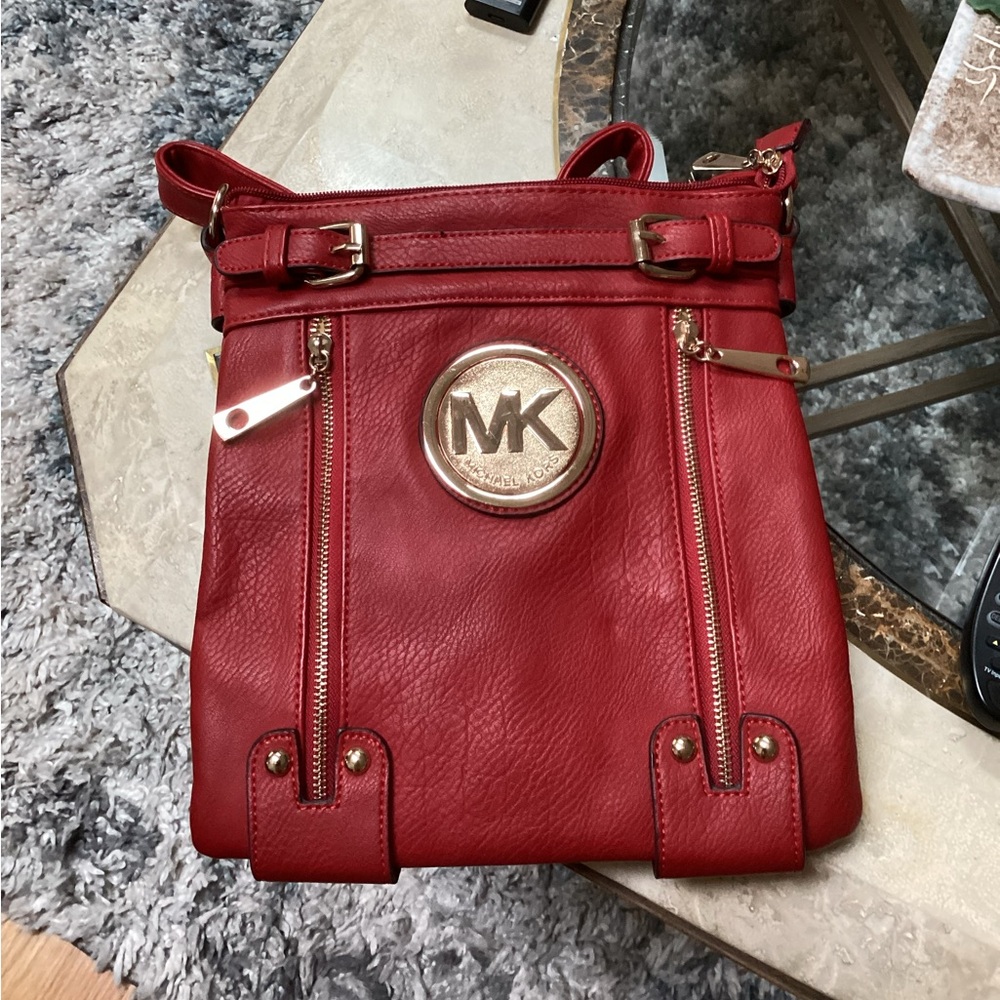 Michael Kors Cherry Red Crossbody Bag with Gold Accents